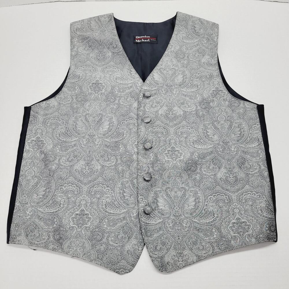 Silver Gray Paisley Print Mens Formal Vest Sz Small Tuxedo Prom Brandon Michael